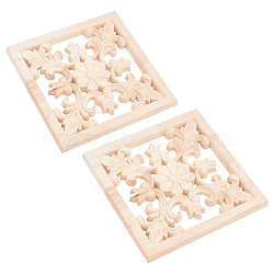 Natural Solid Wood Carved Onlay Applique Craft, Unpainted Onlay Furniture Home Decoration, Square with Flower, BurlyWood, 150x150x10mm(WOOD-FH0001-13)