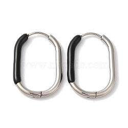 Oval Ion Plating(IP) 304 Stainless Steel Hoop Earrings for Women, with Enamel, Stainless Steel Color, Black, 27x19mm(EJEW-L287-038P-01)