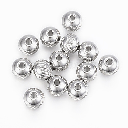 304 Stainless Steel Beads, Round with Twill, Stainless Steel Color, 6x5mm, Hole: 1.5mm(X-STAS-G154-36-6mm)