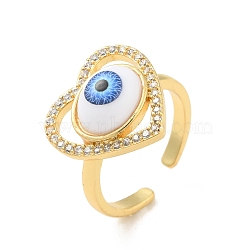 Cubic Zirconia Heart with Evil Eye Open Cuff Ring with Acrylic, Real 18K Gold Plated Brass Jewelry for Women, Cadmium Free & Lead Free, Blue, US Size 6 1/2(16.9mm)(RJEW-B042-05G-04)