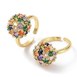 Colorful Cubic Zirconia Flat Round Open Cuff Rings, Rack Plating Brass Rings for Women, Cadmium Free & Lead Free, Real 18K Gold Plated, Inner Diameter: 17mm(RJEW-B044-04G)
