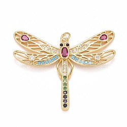 Rack Plating Brass Colorful Cubic Zirconia Pendants, Cadmium Free & Nickel Free & Lead Free, Long-Lasting Plated, Autumn Charms, Dragonfly, Real 18K Gold Plated, 37.5x45x3mm, Jump Ring: 5x1mm, Inner Diameter: 3mm(KK-M229-03G)