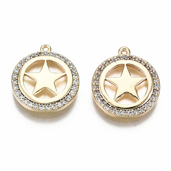 Brass Micro Pave Clear Cubic Zirconia Pendants, Nickel Free, Flat Round with Star, Real 18K Gold Plated, 17.5x15x3mm, Hole: 0.9mm