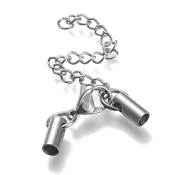 304 Stainless Steel Curb Chain Extender, with Cord Ends and Lobster Claw Clasps, Stainless Steel Color, Chain Extender: 52mm, Clasps: 11.5x7.5x3.5mm, Cord Ends: 8.5x4mm, 3mm inner diameter.