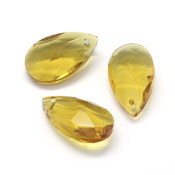 Faceted Glass Pendants, Teardrop, Yellow, 22x13x8.5mm, Hole: 1mm