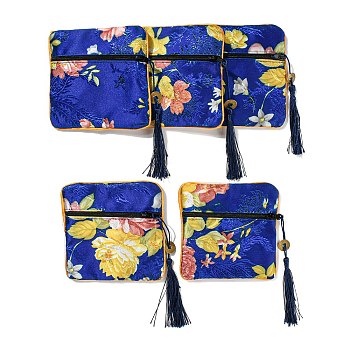 Chinese Style Floral Cloth Jewelry Storage Zipper Pouches, Square Jewelry Gift Case with Tassel, for Bracelets, Earrings, Rings, Random Pattern, Blue, 115x115x7mm