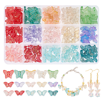 Elite 180Pcs 15 Style Transparent Spray Painted Glass Beads, with Golden Foil, Butterfly, Mixed Color, 8~12.5x15~15.5x4~5mm, Hole: 1mm, 12Pcs/color