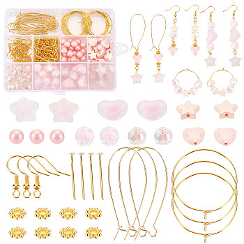 Elite DIY Beaded Earring Making Kit, Inclduing Heart & Star & Imitation Pearl Acrylic Beads, Brass Hoop Earrings Findings & Earring Hooks, Pink, 247Pcs/box