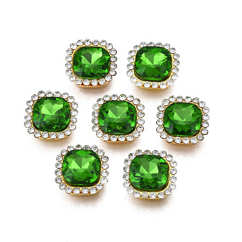 Sew on Rhinestone, Transparent Glass Rhinestone, with Iron Prong Settings, Faceted, Square, Peridot, 14x14x6.5mm, Hole: 1.5mm