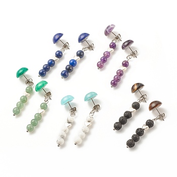Natural Gemstone Half Round with Beaded Chain Tassel Dangle Stud Earrings, 304 Stainless Steel Jewelry for Women, 45mm, Pin: 0.7mm