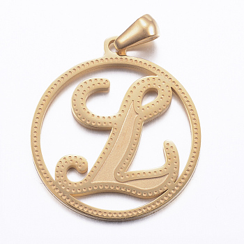 Ion Plating(IP) 304 Stainless Steel Pendants, Flat Round with Letter, Golden, Letter.L, 28x25x1.2mm, Hole: 6x3.5mm