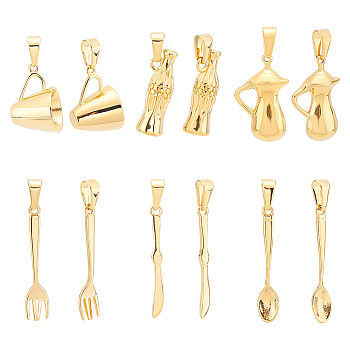 6Pcs 6 Style 304 Stainless Steel Pendants, Cup & Bottle & Teapot & Fork, Golden, 25~34x3~17x2~16.5mm, Hole: 4.5~8x3~10mm, 1pc/style