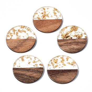 Transparent Resin & Walnut Wood Pendants, with Gold Foil, Two Tone, Flat Round, Clear, 38.5x3.5mm, Hole: 2mm