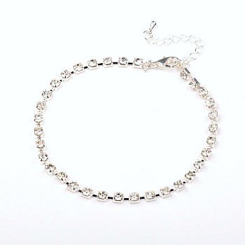 Silver Color Plated Brass Rhinestone Cup Chain Ankle, with Brass Lobster Claw Clasps and Brass End Piece, Crystal, 220mm