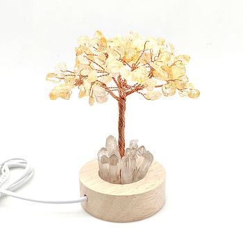 Natural Citrine Chips Tree Night Light Lamp Decorations, Wooden Base with Copper Wire Feng Shui Energy Stone Gift for Home Desktop Decoration, Lamp with USB Cable, 120mm