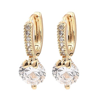 Brass with Cubic Zirconia Dangle Hoop Earrings, Flat Round, Light Gold, 22x8mm