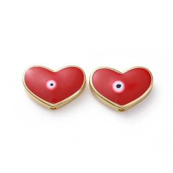 Golden Tone Brass Beads, with Enamel, Heart with Evil Eye, Red, 14x20x5mm, Hole: 1.8mm