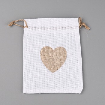Jute Blank DIY Craft Drawstring Bag, Rectangle with Heart Pattern, for Valentine Birthday Wedding Party Candy Wrapping, White, 18x13x0.3cm