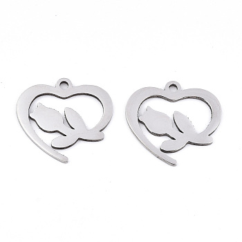 Valentine's Day 201 Stainless Steel Pendants, Laser Cut, Heart with Rose, Stainless Steel Color, 17.5x19x0.9mm, Hole: 1.6mm