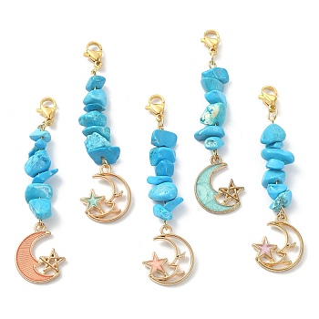 Synthetic Turquoise Chip Beaded Pendant Decorations, with Alloy Enamel Moon with Star Charm and 304 Stainless Steel Lobster Claw Clasps, Mixed Color, 63.5mm