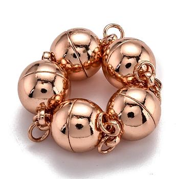 Rack Plating Brass Magnetic Clasps with Loops, N45 Grade Strong Magnet, with Soldered Jump Rings, Long-Lasting Plated, Round, Real Rose Gold Plated, 15.5x10mm, Hole: 3.5mm, Ring: 5x0.5mm