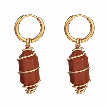 Copper Wire Wrapped Natural Red Jasper Dangle Earrings for Women, 304 Stainless Steel Huggie Hoop Earrings, 39mm, Pin: 1mm