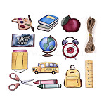12Pcs Back to School UV Single Face Printed Wood School Supplies Pendant Decorations, Jute Rope Hanging Decorations, Laser Cut Wood Shapes, Mixed Color, 40~85.5x22~80x2mm, Hole: 2.5~18x2.5~28mm(WOOD-N020-04)