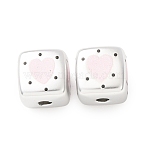 Plating Printed Acrylic Beads, Cube with Heart & Dot, Silver Plated, 14x14x14mm, Hole: 3.6mm(AC-CBA655C-10)