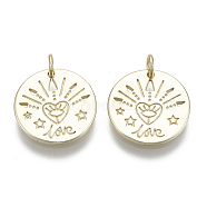 Brass Pendants, with Jump Rings, Flat Round with Word Love, Nickel Free, Real 16K Gold Plated, 15x1.5mm, Hole: 3mm(X-KK-R137-003-NF)