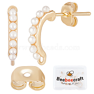 10Pcs Brass Stud Earring Findings, Curved Bar, with Horizontal Loops & ABS Plastic Imitation Pearl & 925 Sterling Silver Pins, Nickel Free, with 10Pcs Ear Nuts, Golden, 17~18x13~14mm, Hole: 1mm, Pin: 0.8mm(KK-BBC0003-77)