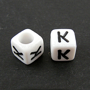 Letter Acrylic European Beads, Horizontal Hole, Cube, Letter.K, 10x10x10mm, Hole: 3.5~4mm, about 59pcs/50g(X-OPDL-R050-10mm-K)