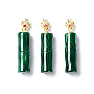 Natural Malachite Pendants, Column Charms, with Golden Plated 925 Sterling Rhinestone Clasps, 29x8mm, Hole: 2x4mm(G-C033-02G)