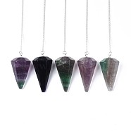 Natural Fluorite Hexagonal Pointed Dowsing Pendulums, with Copper Clad Iron Cross Chains, Cone/Spike, Platinum, 255~260mm, Hole: 2mm(G-T097-08)