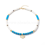 Polymer Clay Beaded Necklaces, with Brass Flat Round Pendant and Beads, Horse Pattern, Deep Sky Blue, 17.13 inch(43.5cm)(NJEW-JN03614)