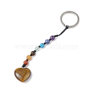 7 Chakra Gemstone Beads Keychain, Natural Tiger Eye Heart Charm Keychain for Women Men Hanging Car Bag Charms, 13cm(KEYC-F036-02A)