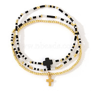 Minimalist Glass Seed Beads Stretch Bracelet Sets, Cross Brass Charm Bracelets for Women, Black, Inner Diameter: 6-1/2 inch(16.5cm)(QH6334-1)