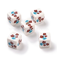 Opaque Printed Acrylic Beads, Cube with Flower Pattern, Dark Red, 13.5x13.5x13.5mm, Hole: 3.8mm(MACR-C007-01I)