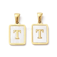 Ion Plating(IP) 304 Stainless Steel Pave Shell Pendants, Rectangle Charm, Real 18K Gold Plated, Letter T, 17.5x12x1.5mm, Hole: 3x5mm(STAS-G327-01G-T)