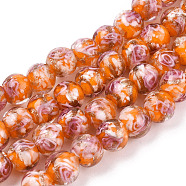 Handmade Gold Sand Lampwork Beads, Inner Flower, Round, Dark Orange, 8~8.5x7~8mm, Hole: 1.5~2mm(LAMP-T006-10H)