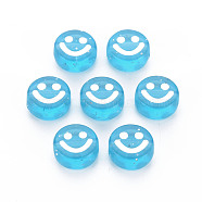 Transparent Acrylic Beads, with Glitter Powder, Flat Round with White Enamel Smile Face, Deep Sky Blue, 10x5mm, Hole: 2mm, about 1450pcs/500g(MACR-N008-55-D05)