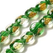 Handmade Gold Sand and Silver Sand Lampwork Flat Round Beads, Green, 14~14.5x8.5~9mm, Hole: 1.6~1.8mm(FOIL-C001-02B)