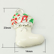 Alloy Enamel Pendants, Cadmium Free & Lead Free, Christmas Stockings for Holiday Jewelry Making, Silver Color Plated, White, 23x14x2.5mm, Hole: 2mm(ENAM-C1420-5)