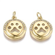 Brass Micro Pave Clear Cubic Zirconia Pendants, with Jump Ring, Cadmium Free & Nickel Free & Lead Free, Flat Round with Dog's Paw Print, Real 16K Gold Plated, 17x15x3mm, Jump ring: 5x0.6mm, Inner Diameter: 3mm(KK-S061-64G-NR)