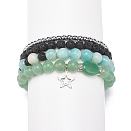 4Pcs 4 Style Natural Green Aventurine & Lava Rock & Synthetic Hematite Stretch Bracelets Set, Gemstone Jewelry with 304 Stainless Steel Star Charm for Women, Inner Diameter: 2~2-1/4 inch(5~57cm), 1Pc/style(BJEW-JB08481)
