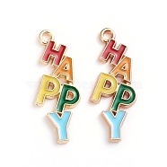 Alloy Enamel Pendants, with Word HAPPY, Light Gold, Colorful, 29x11.2x1.8mm, Hole: 1.6mm(ENAM-WH0047-36KCG)