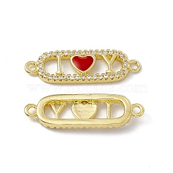 Rack Plating Brass Micro Pave Clear Cubic Zirconia Connector Charms, with Enamel, Cadmium Free & Lead Free, Oval with Heart Links, Real 18K Gold Plated, Red, 8.5x27x2.5mm, Hole: 1.5mm(ZIRC-I061-02G-02)