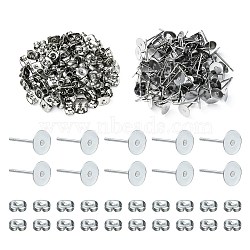 100Pcs 304 Stainless Steel Stud Earring Findings, Flat Round Pad Base Earring Settings, with 100Pcs Friction Ear Nuts, Stainless Steel Color, 12x6mm, Pin: 0.8mm(STAS-YW0001-43D)
