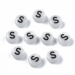 Acrylic Beads, with Enamel and Luminous, Horizontal Hole, Flat Round with Black Letter, Glow in the Dark, Light Grey, Letter.S, 7x3.5mm, Hole: 1.5mm, about 3600~3700pcs/500g(SACR-S273-29S)