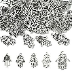 50Pcs 5 Styles Tibetan Style Alloy Pendants,  Hamsa Hand, Antique Silver, 24~28x14~20x1~2.5mm , Hole: 1~3mm, 10pcs/style(TIBEP-YW0001-79)