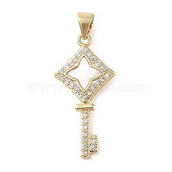 Brass Micro Pave Clear Cubic Zirconia Pendant, with Shell, Key, Real 18K Gold Plated, 28.5x13.5x2.5mm, Hole: 4x3.5mm(KK-I712-58G-02)